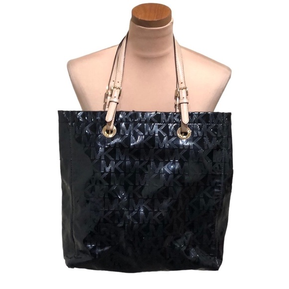 Michael Kors Jet Set Monogram Patent Leather Large Black Tote - Picture 1 of 13